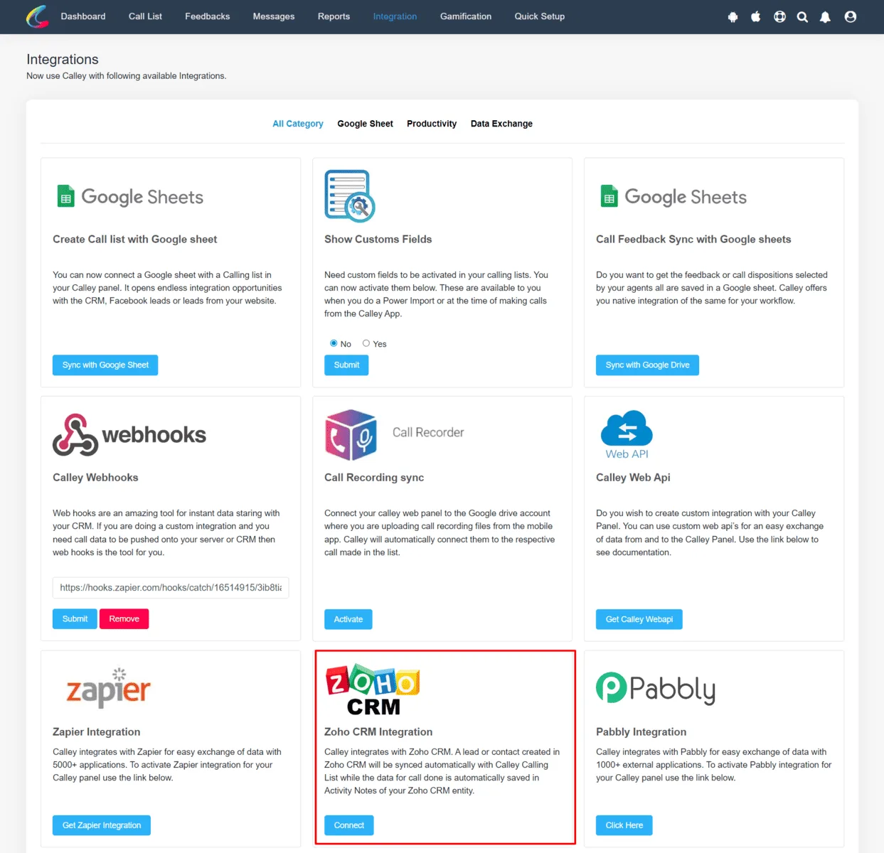Melden Sie sich im Calley Web Panel an. Gehen Sie zum Integration Center, wo Sie den Zoho CRM Integrationsblock sehen, und klicken Sie auf Verbinden.