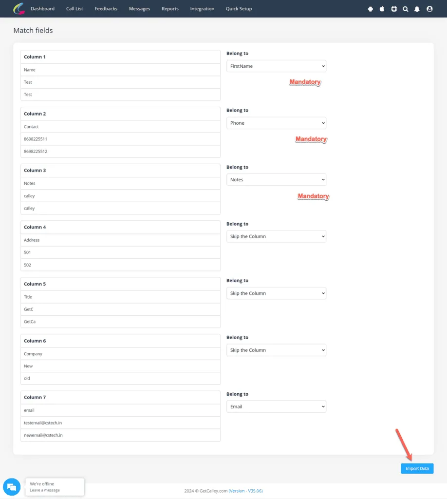 Map Fields of your Google Sheets with the Fields in Calley