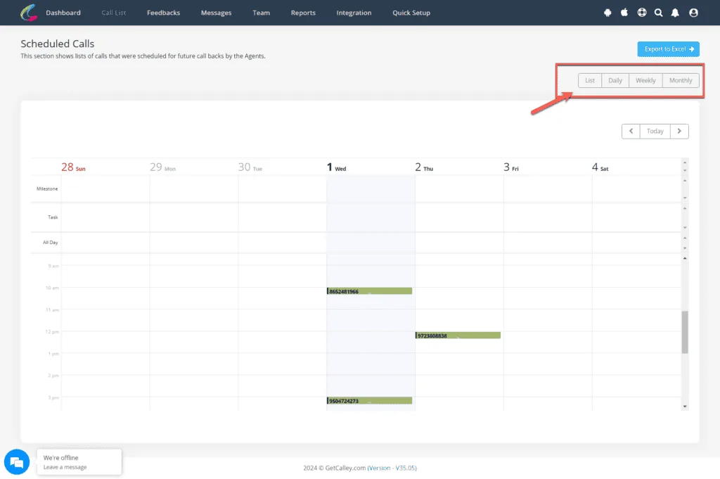 Calley Scheduled Call Calendar View