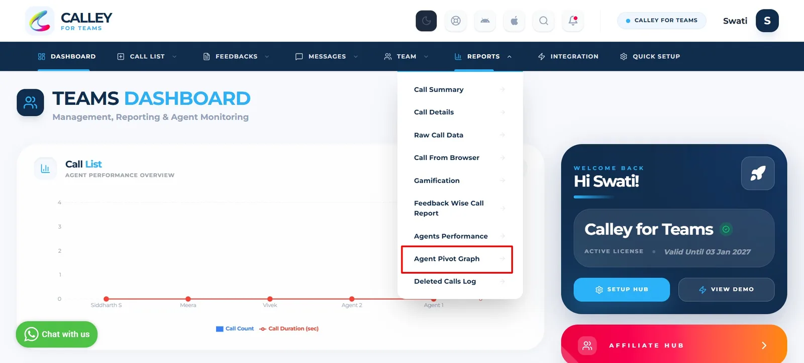Reports dropdown in Calley Teams with Agent Pivot Graph highlighted
