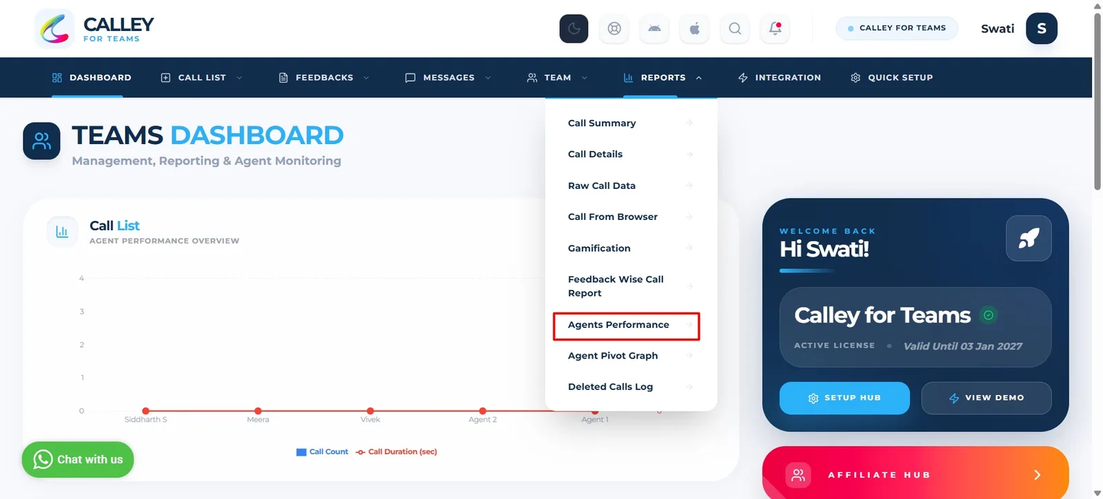 Reports dropdown in Calley Teams with Agents Performance highlighted