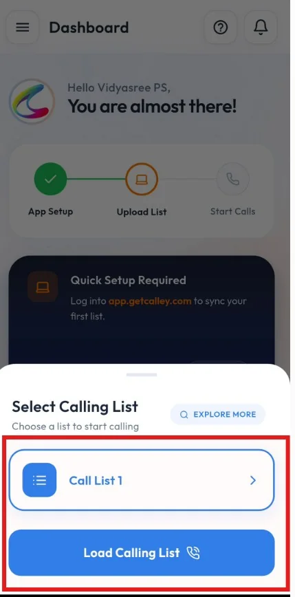 Calley Android app autodialing step 3
