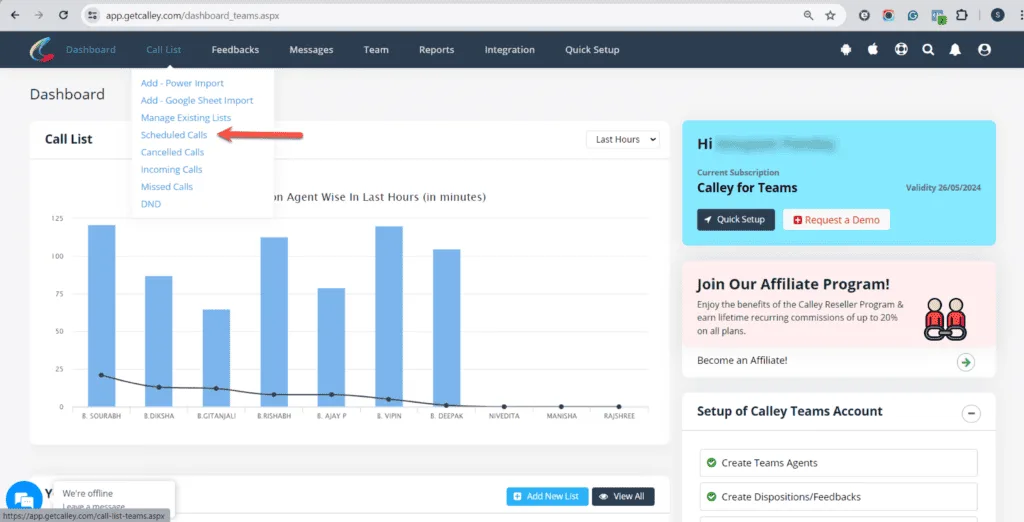 Link to Calley Scheduled Call List in the Calley Web Panel