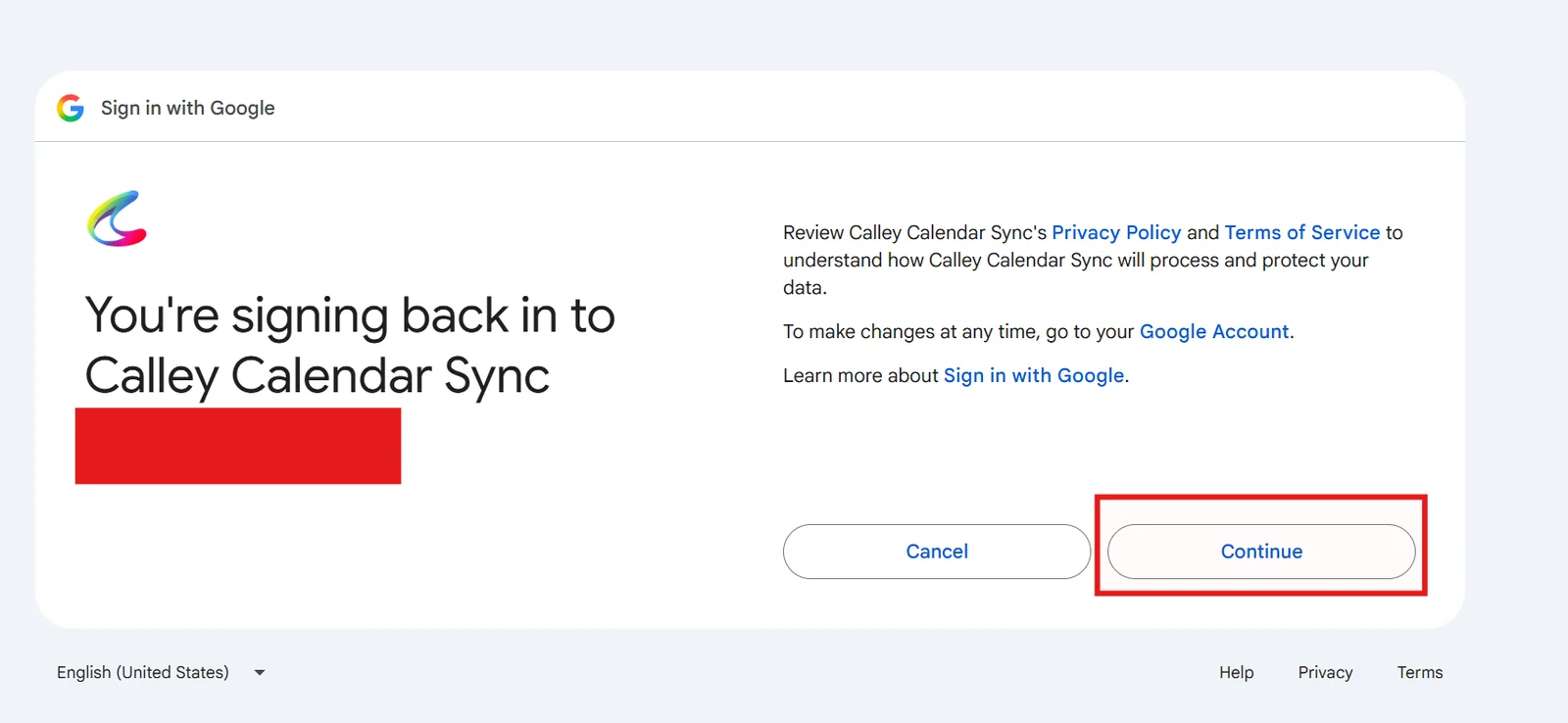 Google Calendar sync with Calley, step 8: Grant Calley permission to access your calendar events and click on Continue