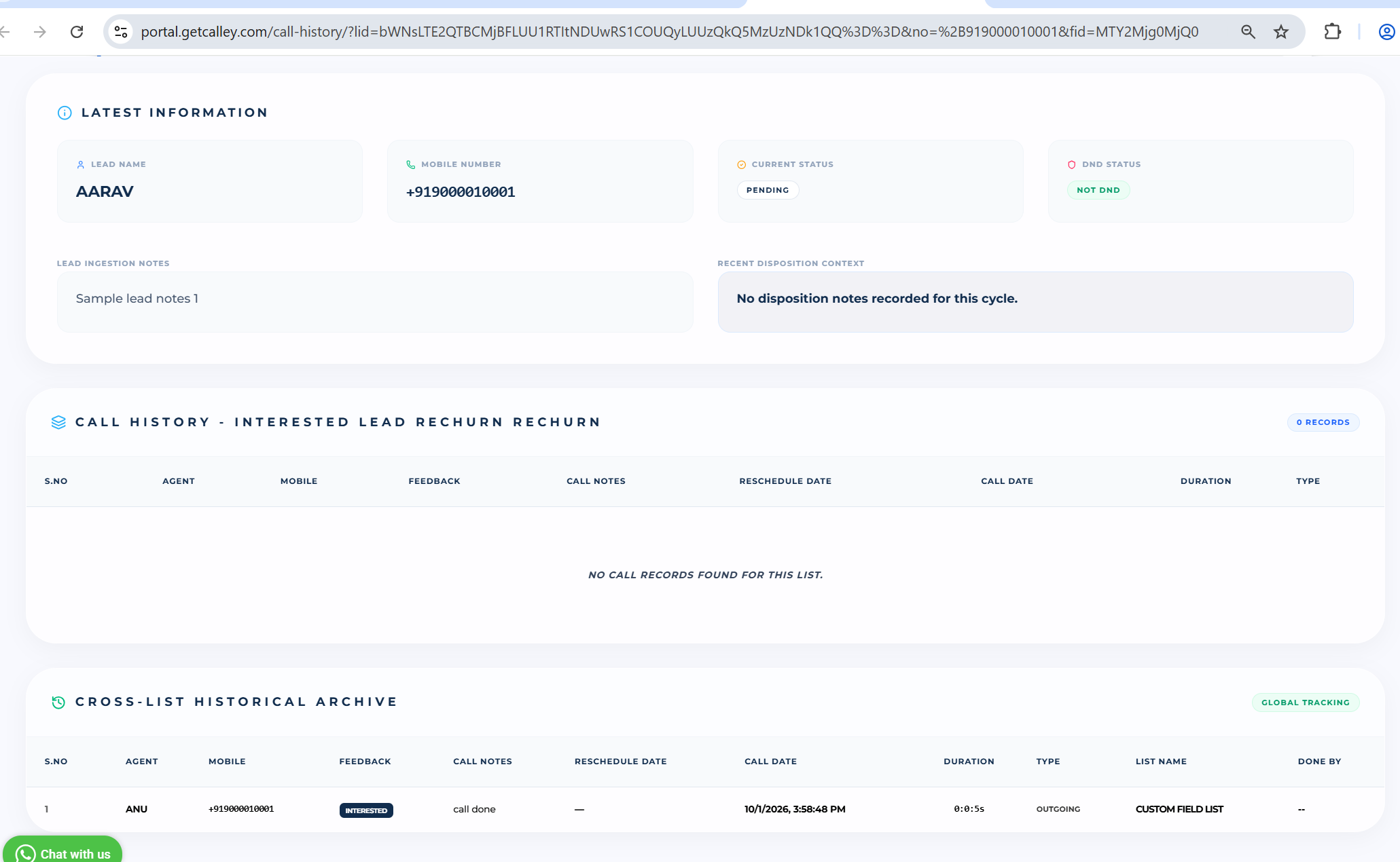 Call history page showing lead details and cross-list historical archive