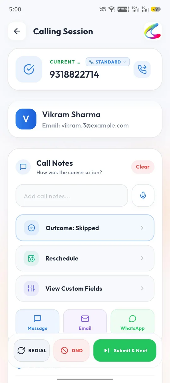 Calley iPhone app step 19: The Call Notes page gives you the following options: