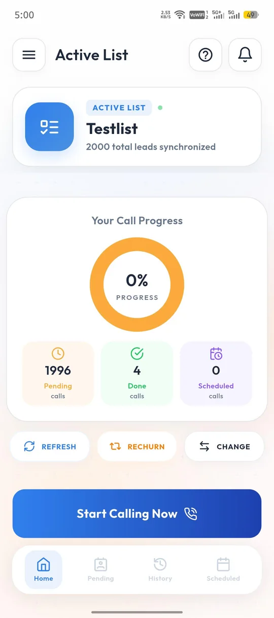 Calley iPhone app step 22: You can see the dashboard for the Calls done, Pending calls and Scheduled Calls