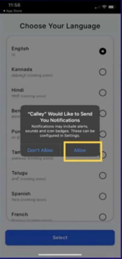 Calley iPhone app step 10: As you install the Calley iOS App, it will ask for permission to send notifications