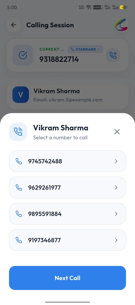 Calley iPhone app step 21: If a lead has more than one phone number, tap the call icon on the calling screen to choose the number you want to call, then click on Next Call