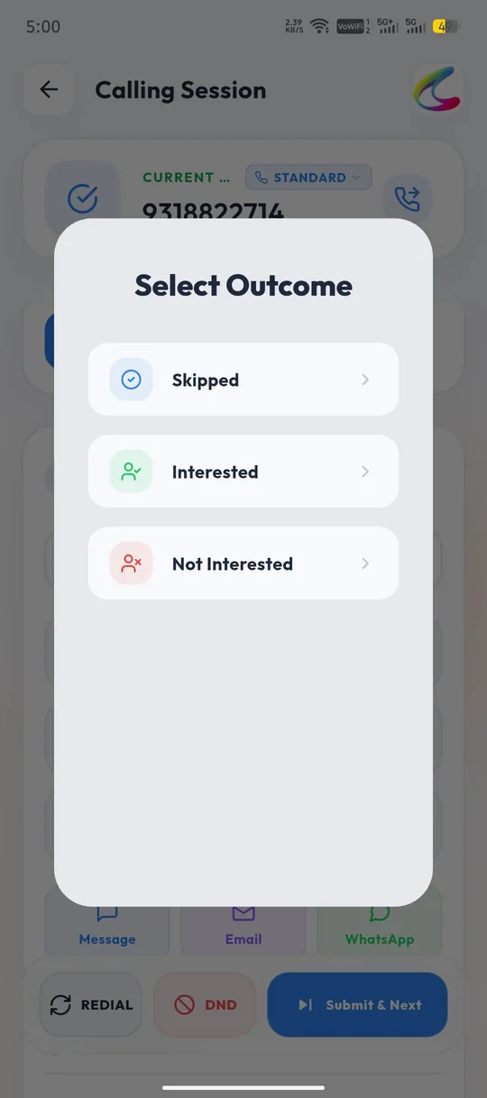 Calley iPhone app step 18: Once the call is finished the app will prompt you to select the call outcome (call disposition), for example Interested or Not Interested