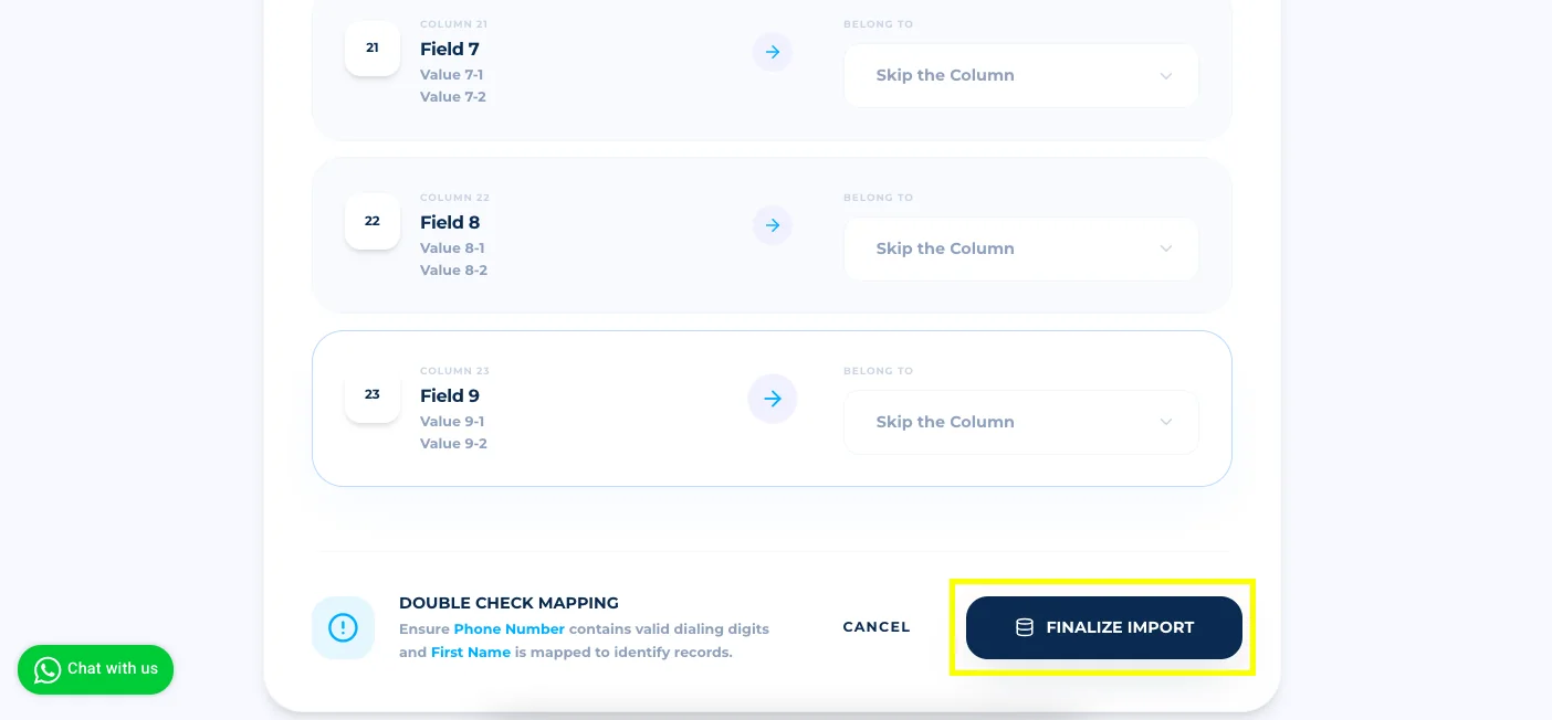 Calley web panel setup step 6: Scroll down, double check the mapping, and click on Finalize Import to upload your leads