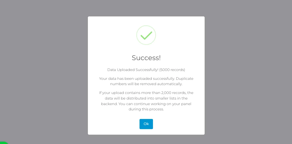 Calley web panel setup step 7: Once the data is uploaded you will see a Success message