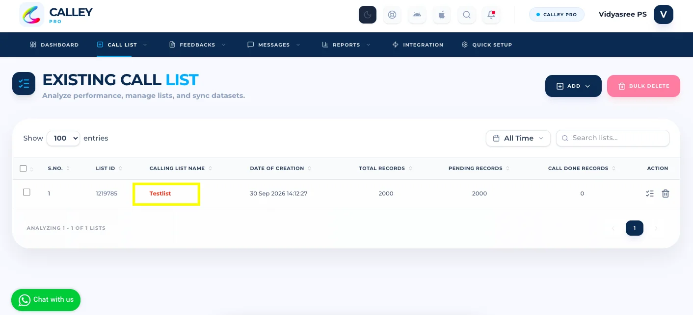 Calley web panel setup step 8: You will be able to see the Calling List created in the panel