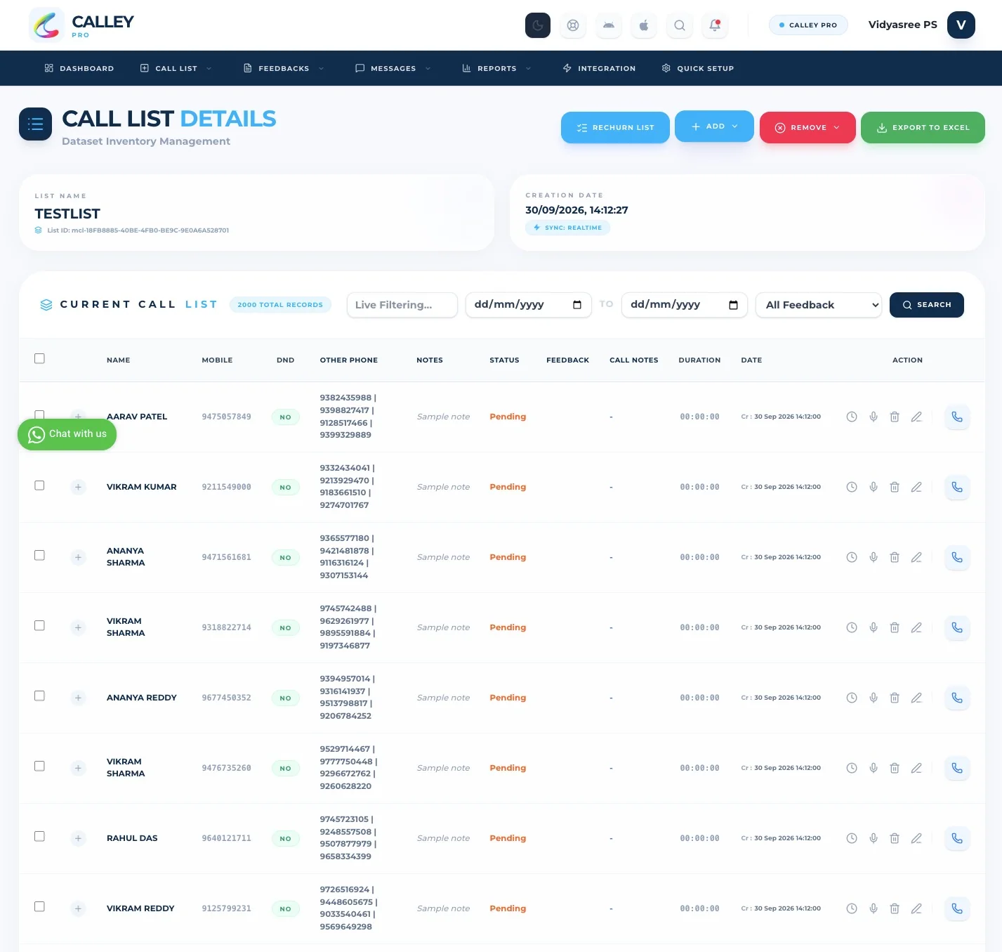 Calley web panel setup step 9: On this page you can see all the leads imported in the calling list you just created