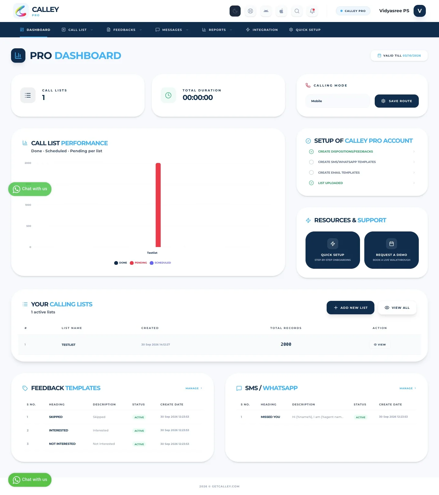 Calley Web Panel Dashboard