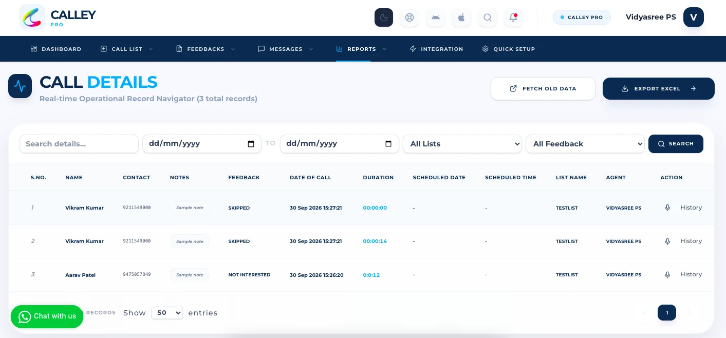 Call Details in Calley Web Panel