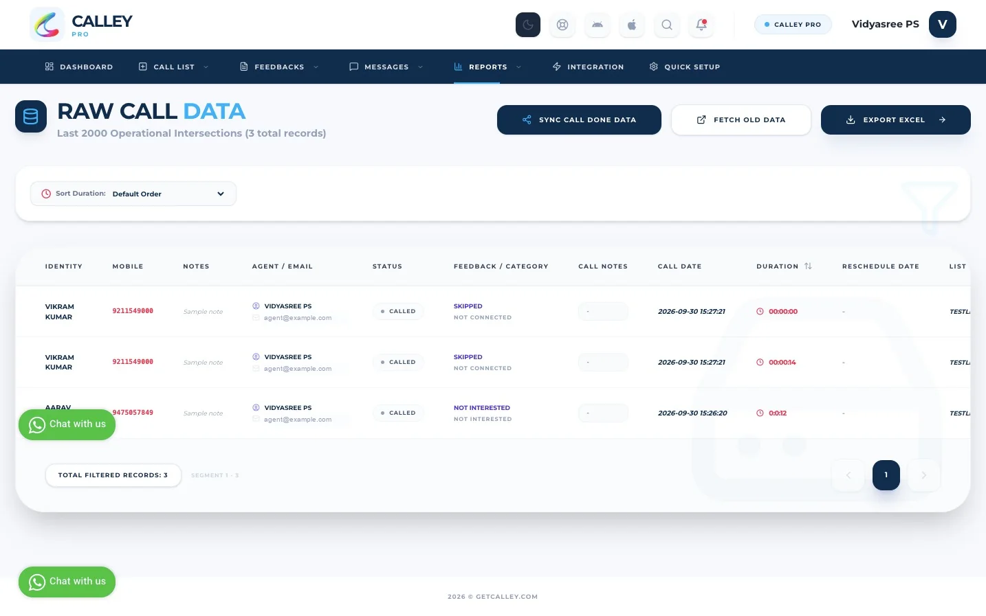 Raw Call Data in Calley Web Panel
