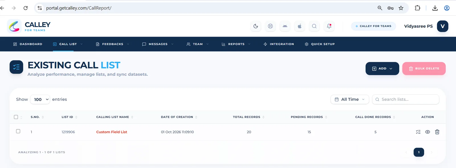 Existing Call List page with the list to rechurn