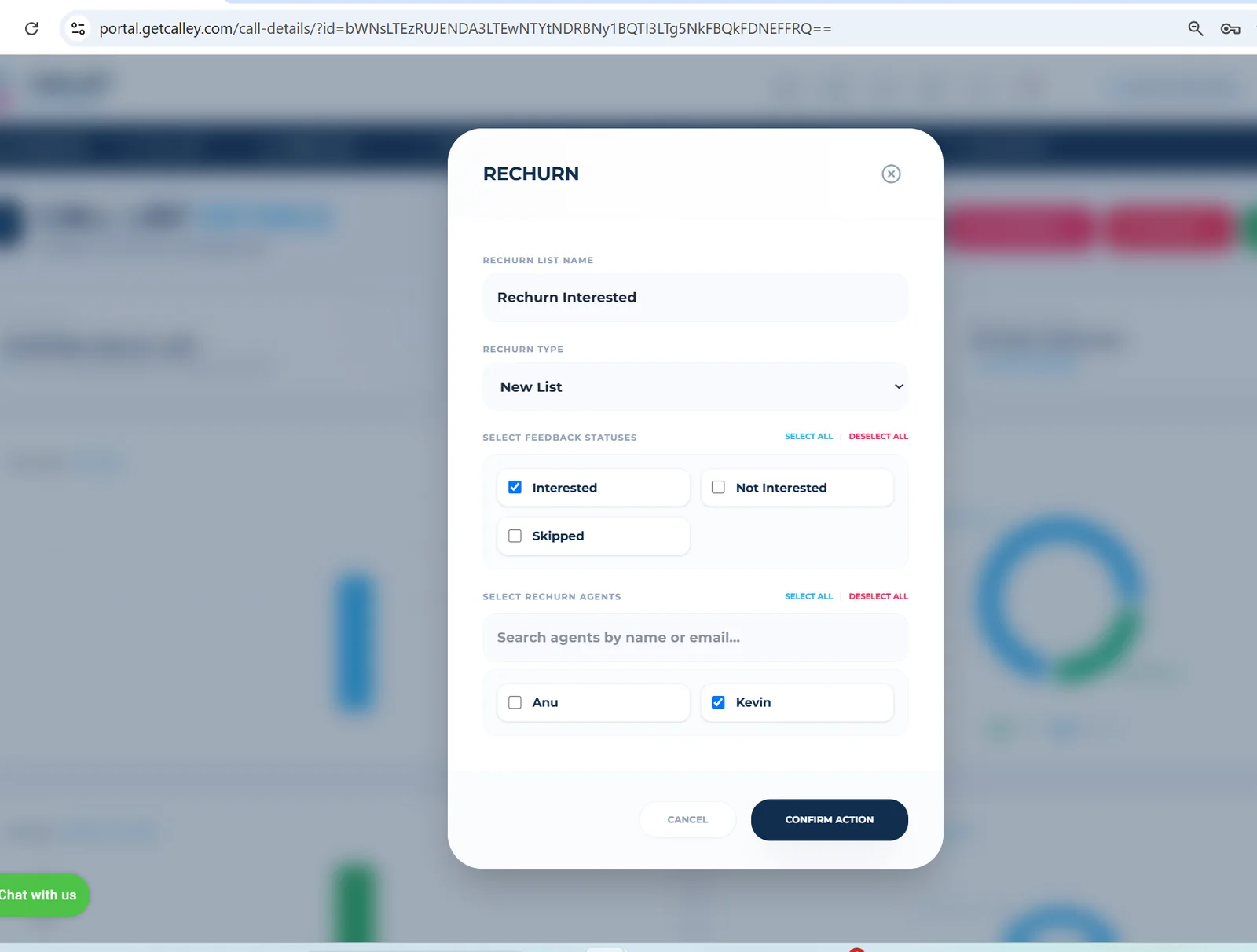 Rechurn window with New List type, feedback statuses and agents