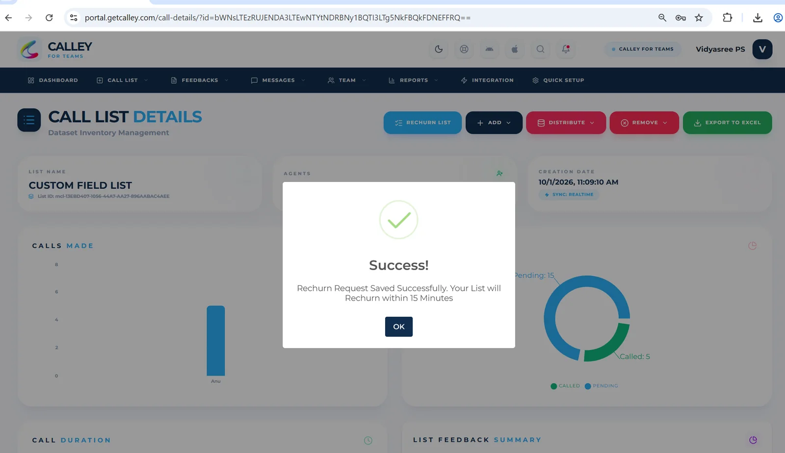 Rechurn request saved successfully confirmation