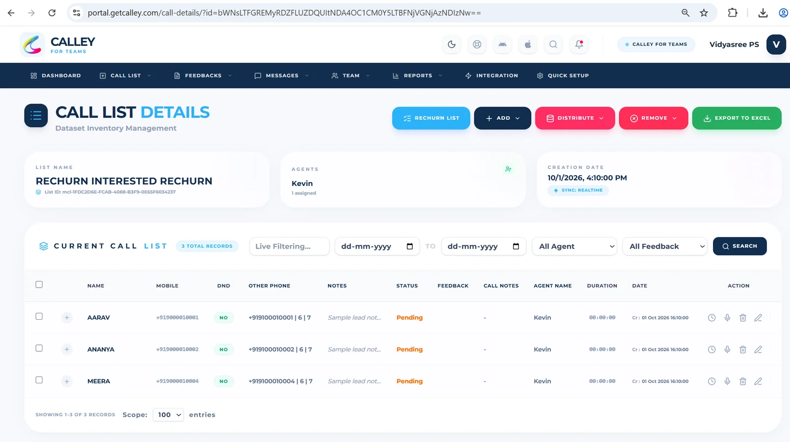 New rechurned list with the selected feedback leads