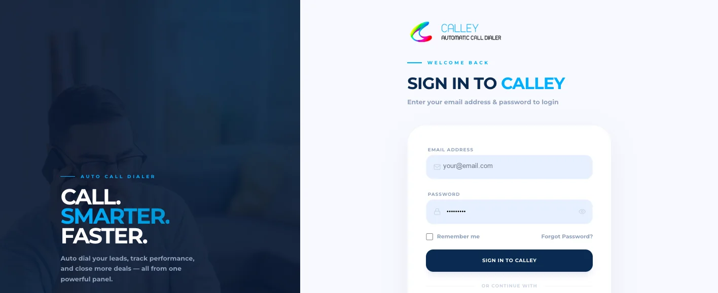 Calley PRO login page
