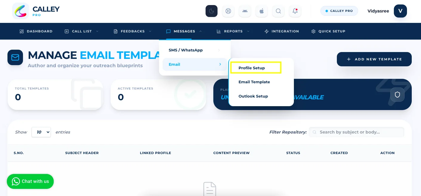 Messages > Email > Profile Setup menu in Calley PRO