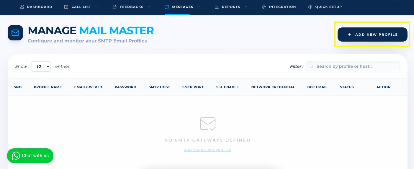 Add New Profile button on the Manage Mail Master page