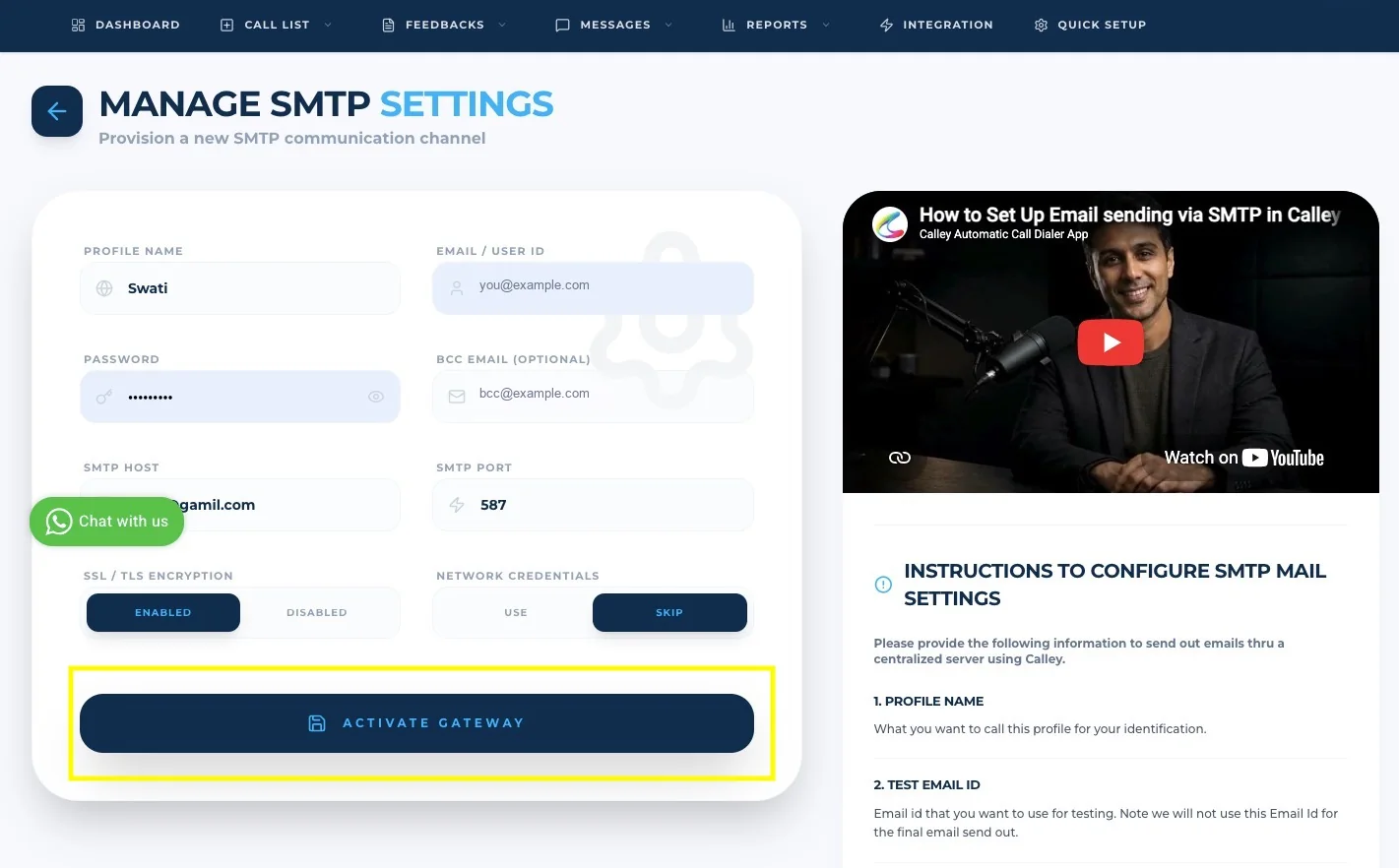 SMTP profile form with Activate Gateway button