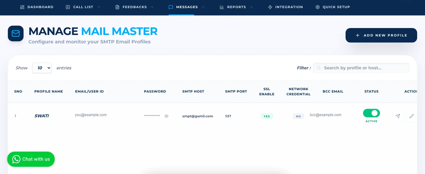 SMTP profile saved in the Manage Mail Master list
