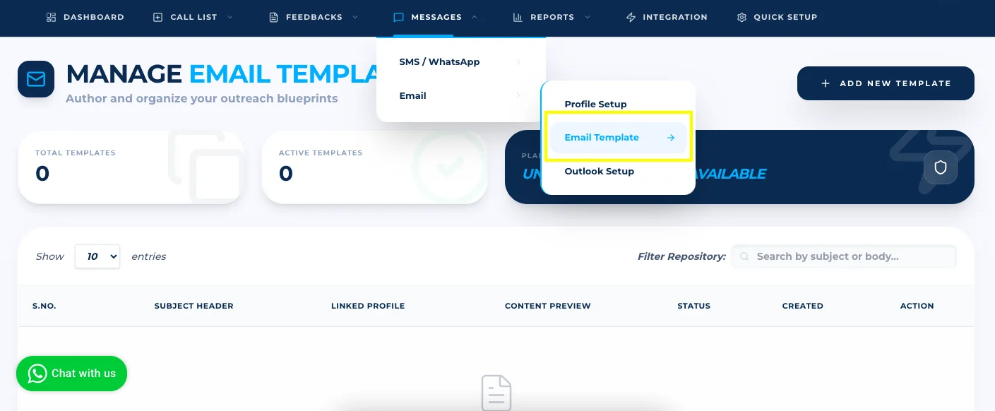 Messages > Email > Email Template menu in Calley PRO