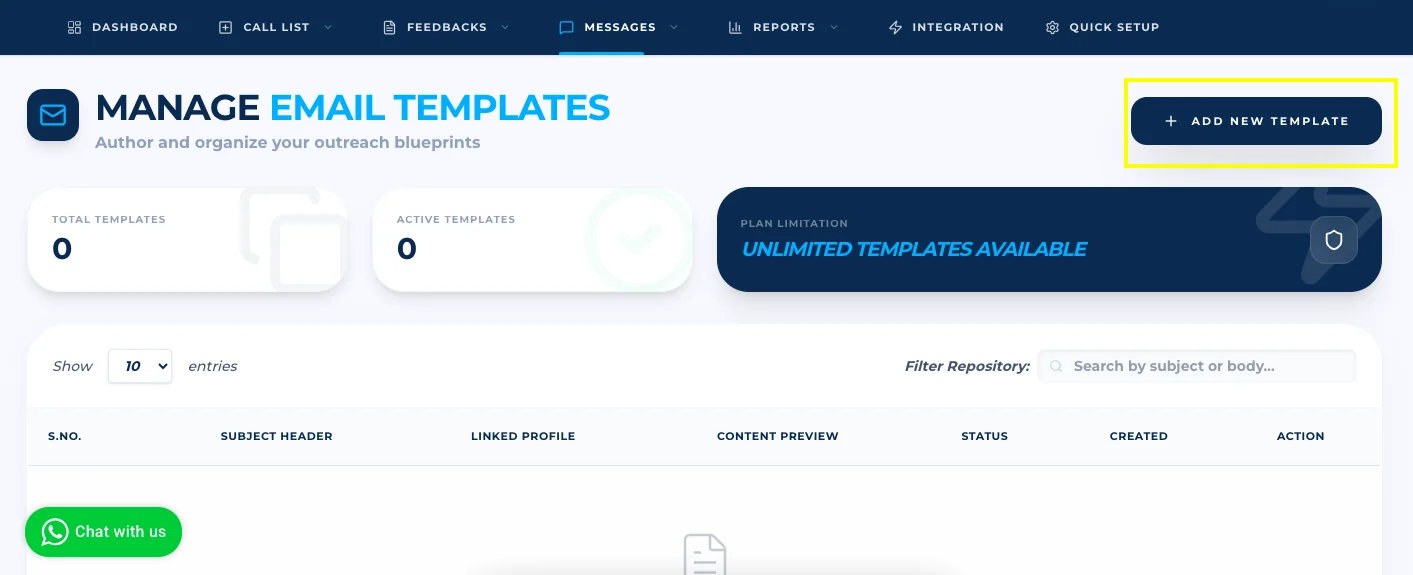 Add New Template button on the Manage Email Templates page
