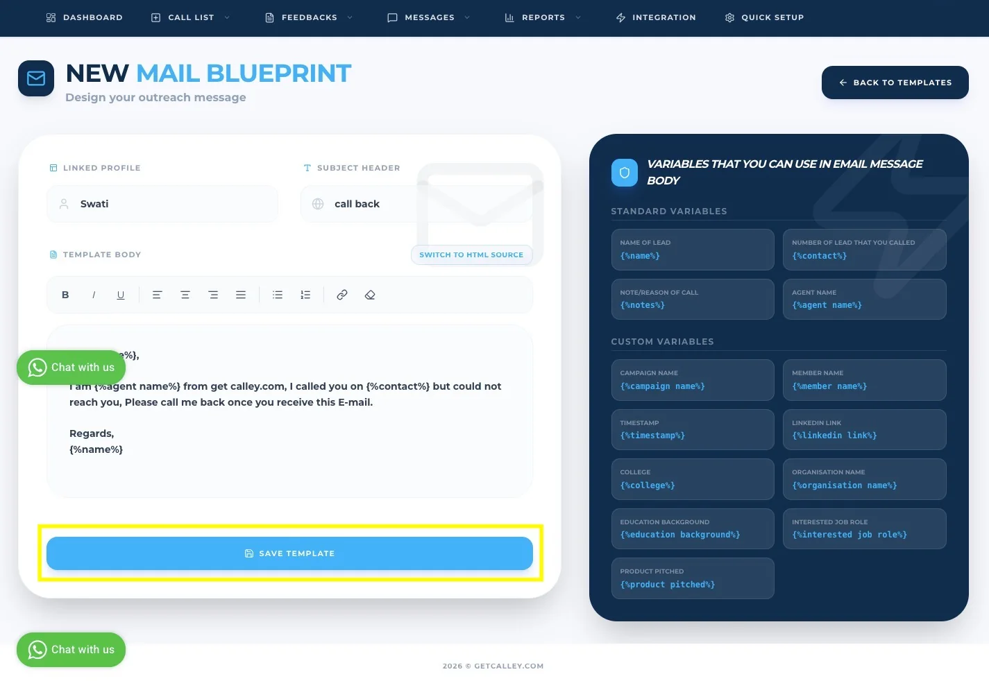 New Mail Blueprint form with Save Template button