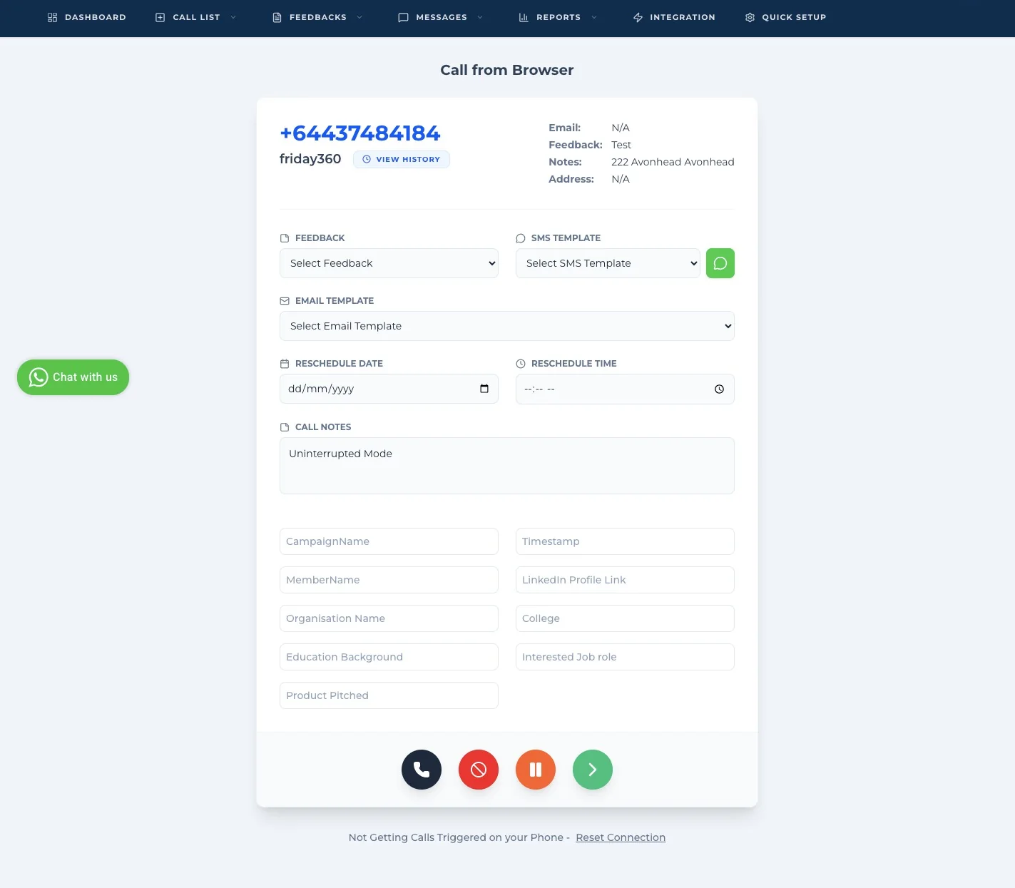 Call from Browser page with Email Template dropdown
