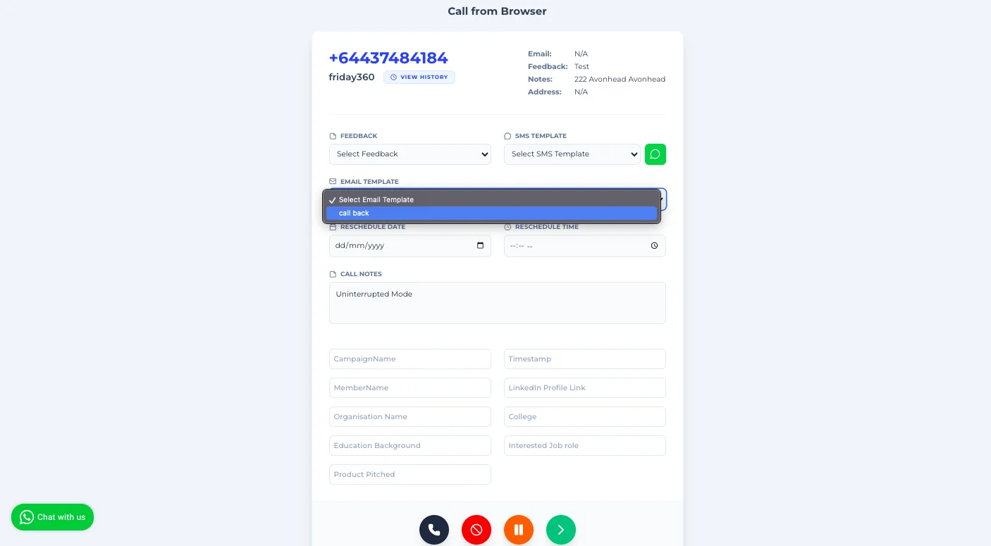 Selecting an email template on the Call from Browser page