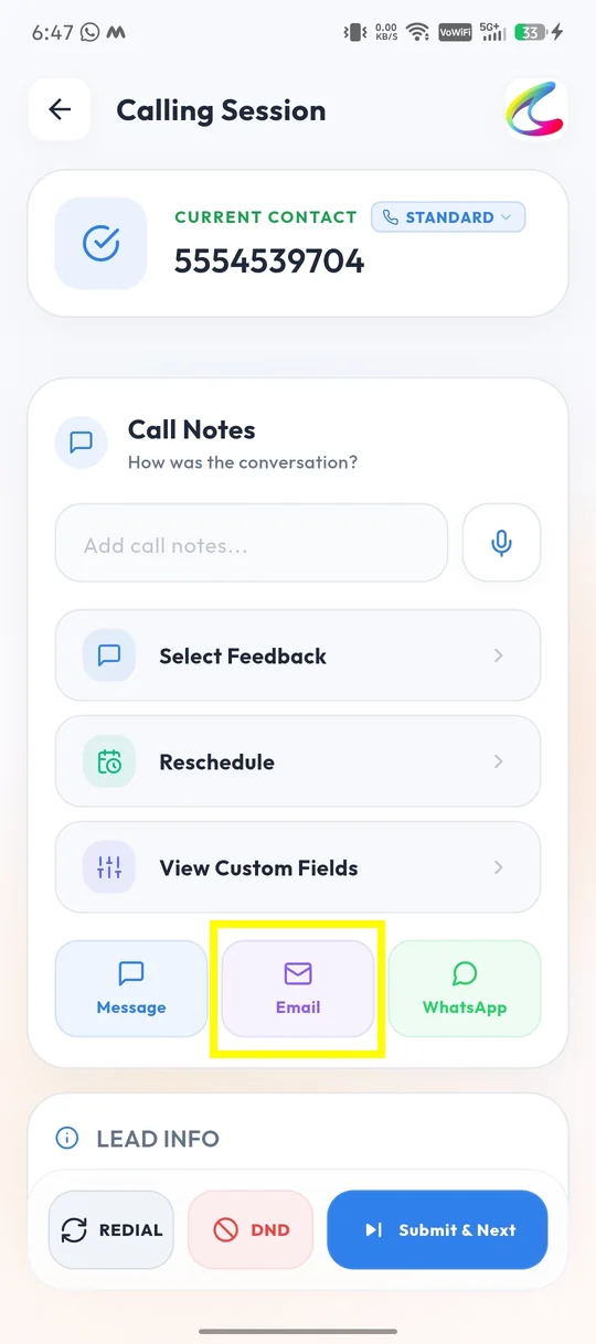 Calley mobile app Call Notes screen with the Email button highlighted