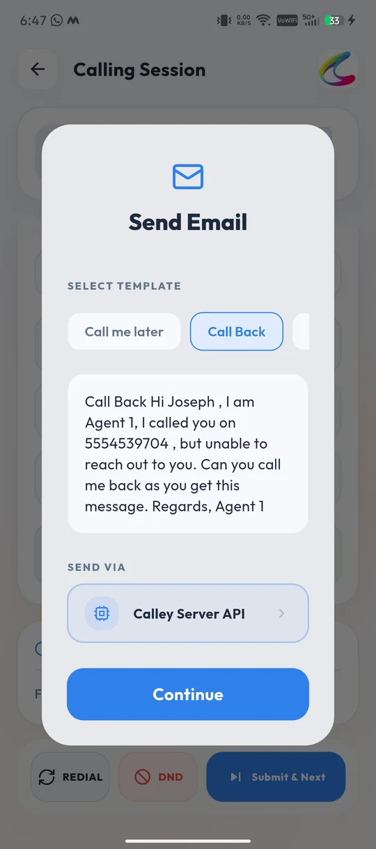 Calley mobile app Send Email window with template selection