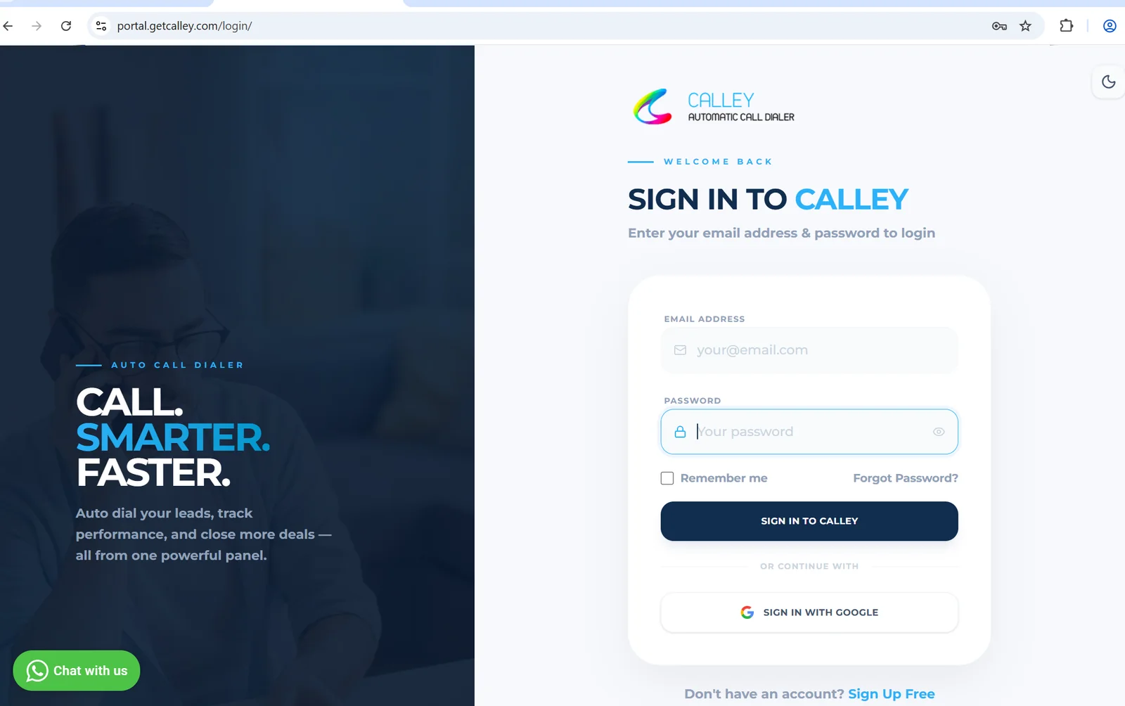 Autodial with Calley and TextNow: Step 1 - Login to Calley web panel.