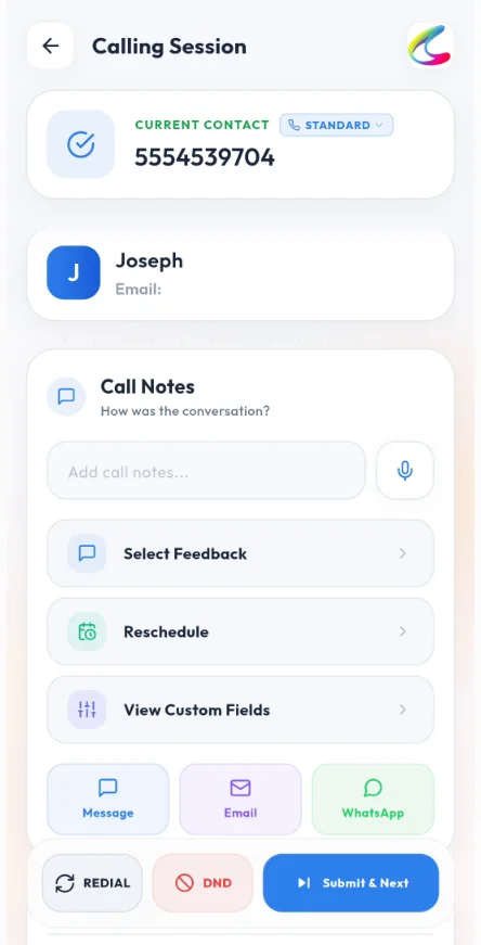 Autodial with Calley and TextNow: Step 10 - After a Call, update a feedback and click on next Call.