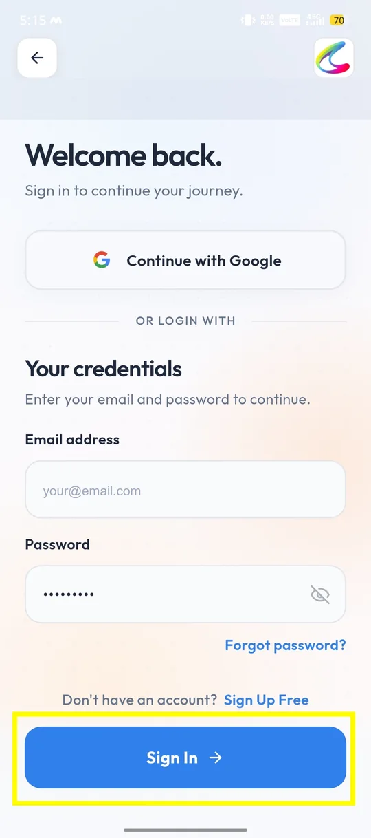 Calley mobile app login screen