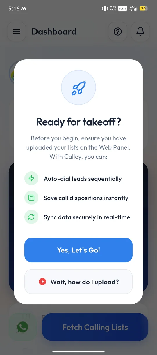 Ready for takeoff prompt in the Calley mobile app
