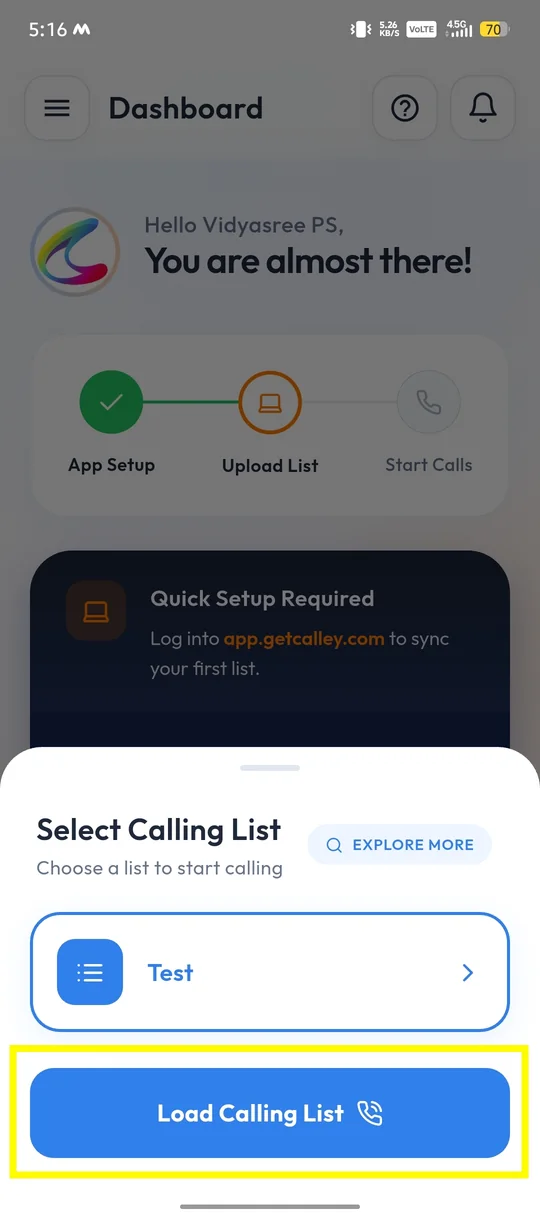 Select Calling List screen in the Calley mobile app