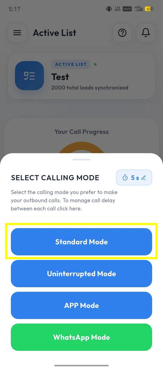 Select Calling Mode screen with Standard Mode highlighted