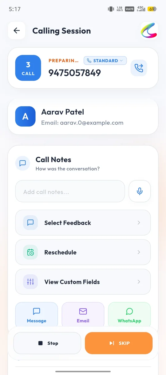 Calley calling session screen with Stop and Skip buttons