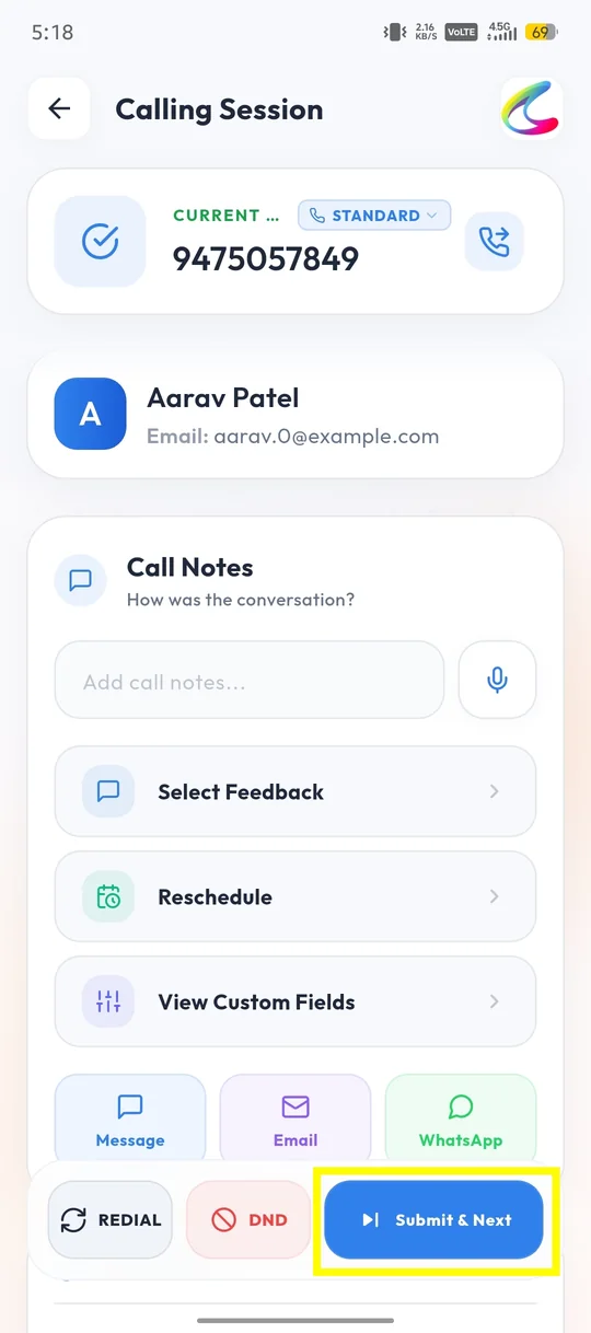 Call Notes screen with the Submit and Next button highlighted