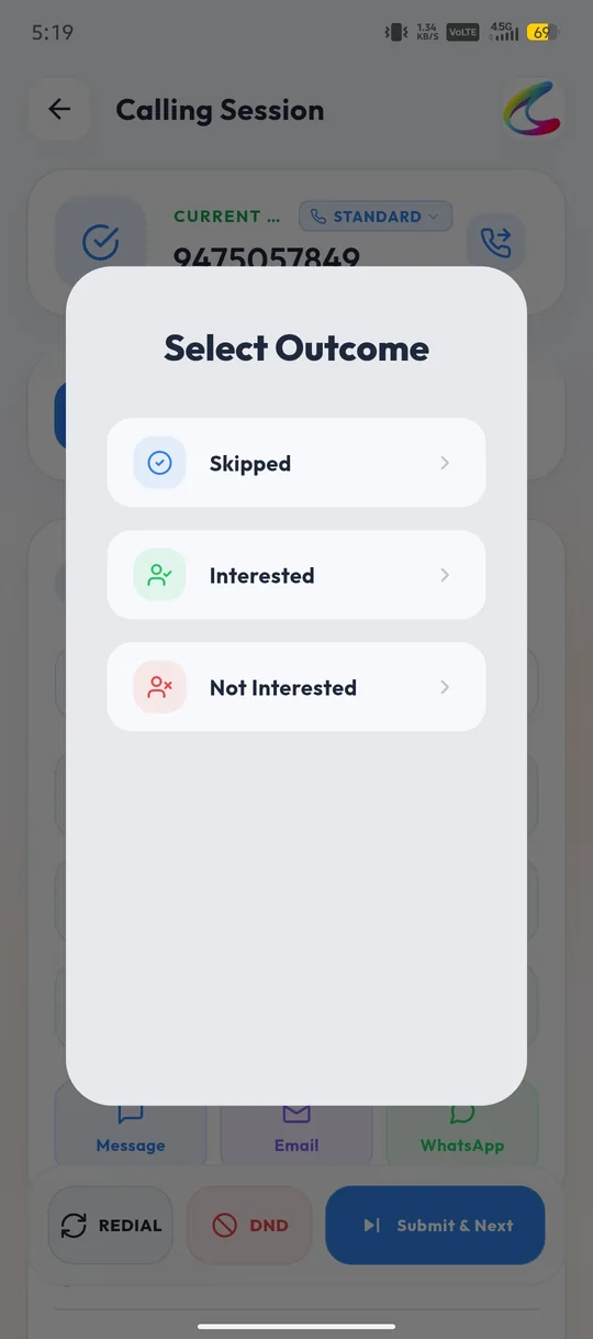 Select Outcome window in the Calley mobile app