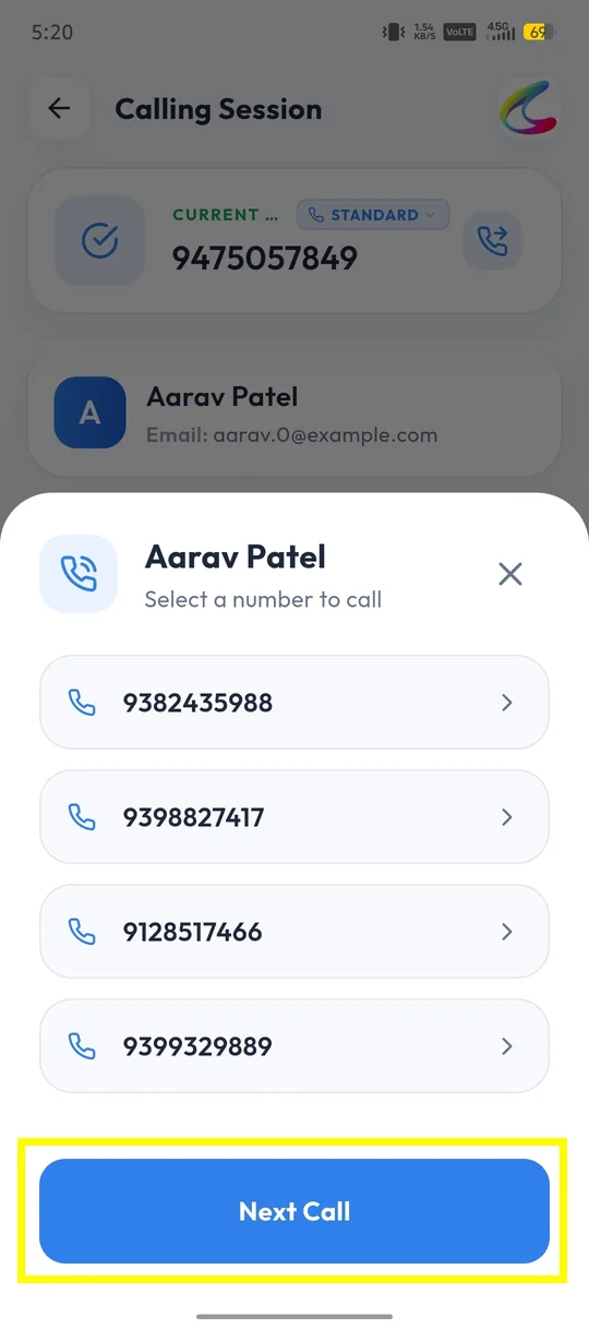 Select a number to call window with the Next Call button
