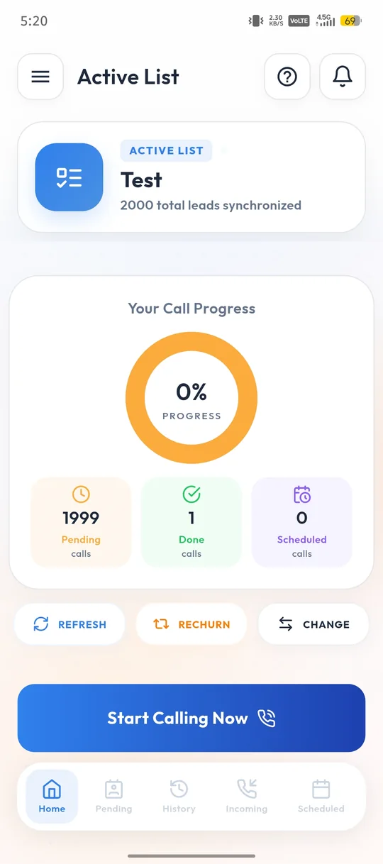Calley mobile app dashboard showing calls done, pending and scheduled