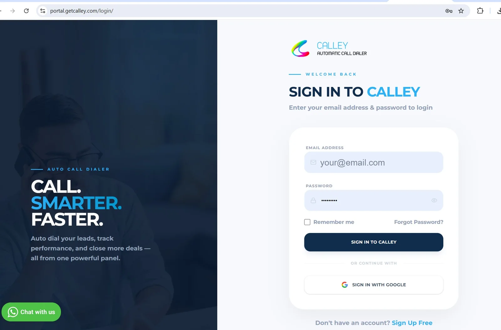 Calley sign in page