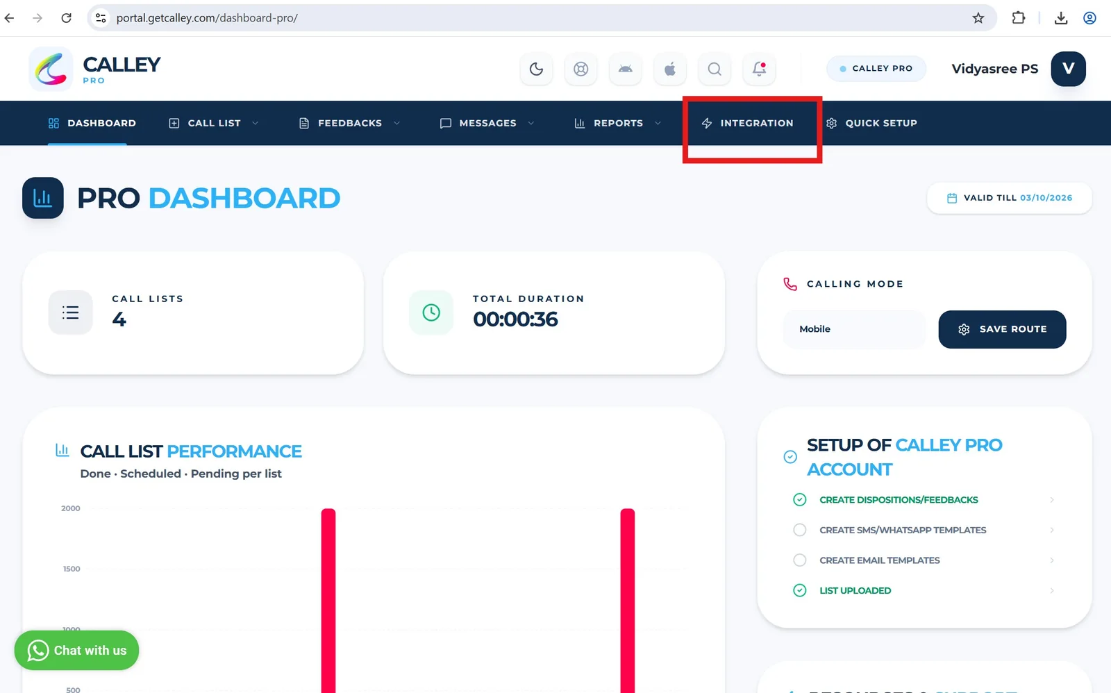 Calley Pro dashboard with the Integration menu highlighted
